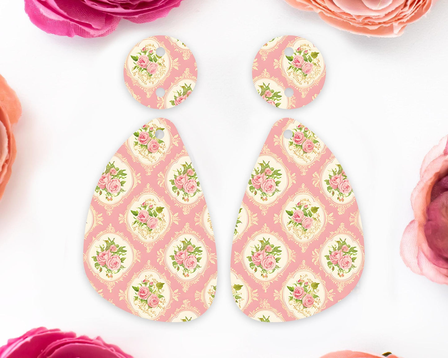 Pink Vintage Flowers Teardrop Earrings Blanks