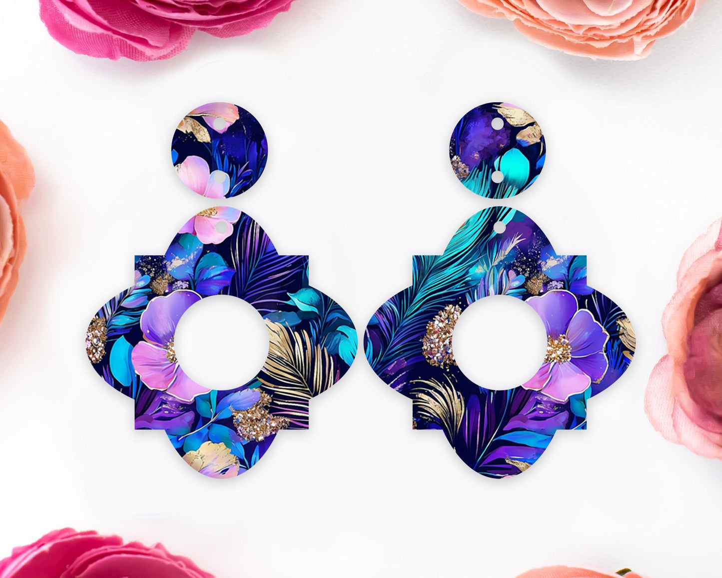 Peacock Feathers Geometric Earrings Blanks