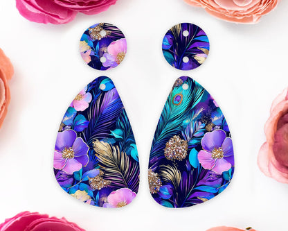 Peacock Feathers Flowers Pattern Teardrop Earrings Blanks