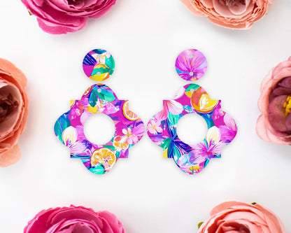 Tropical Flowers & Lemon Geometric Earrings Blanks