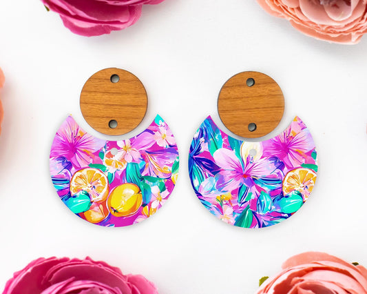 Tropical Flowers & Lemon Circle Drop Earrings Blanks
