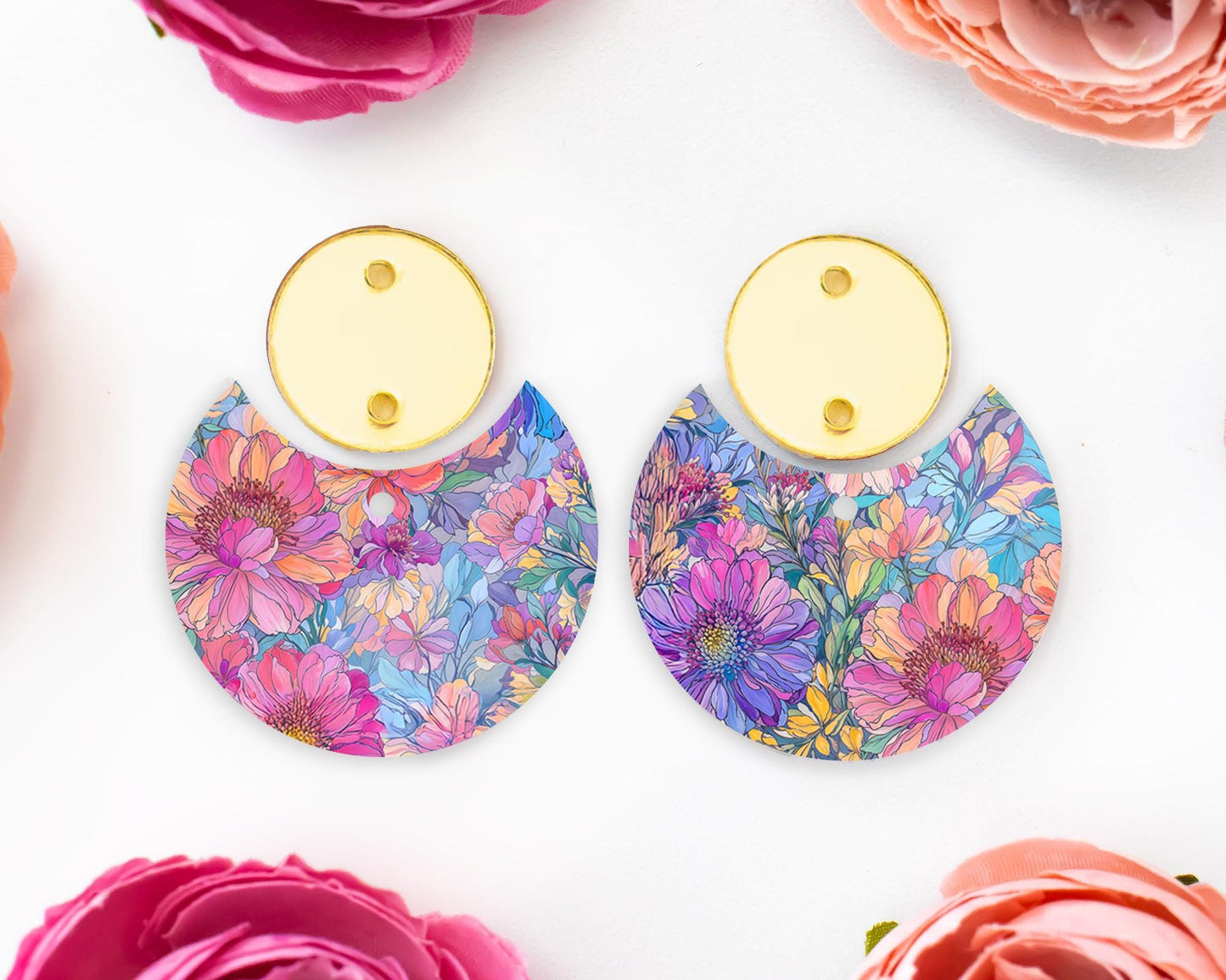 Pastel Watercolor Flowers Circle Drop Earrings Blanks