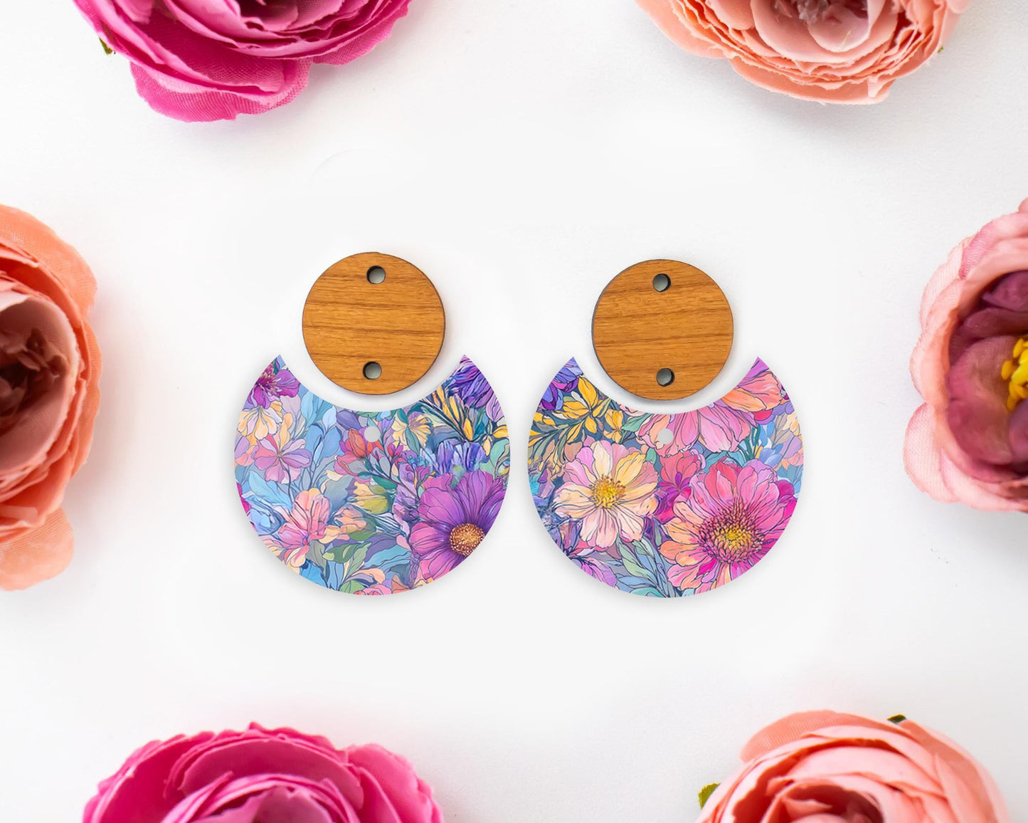Pastel Watercolor Flowers Circle Drop Earrings Blanks