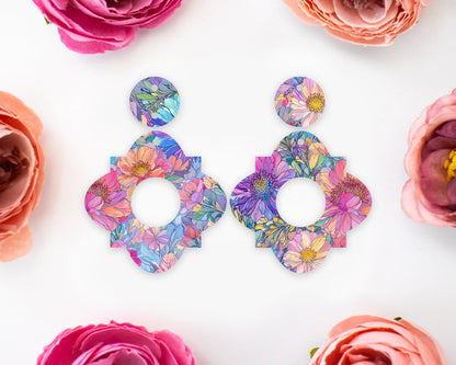 Pastel Watercolor Flowers Geometric Earrings Blanks