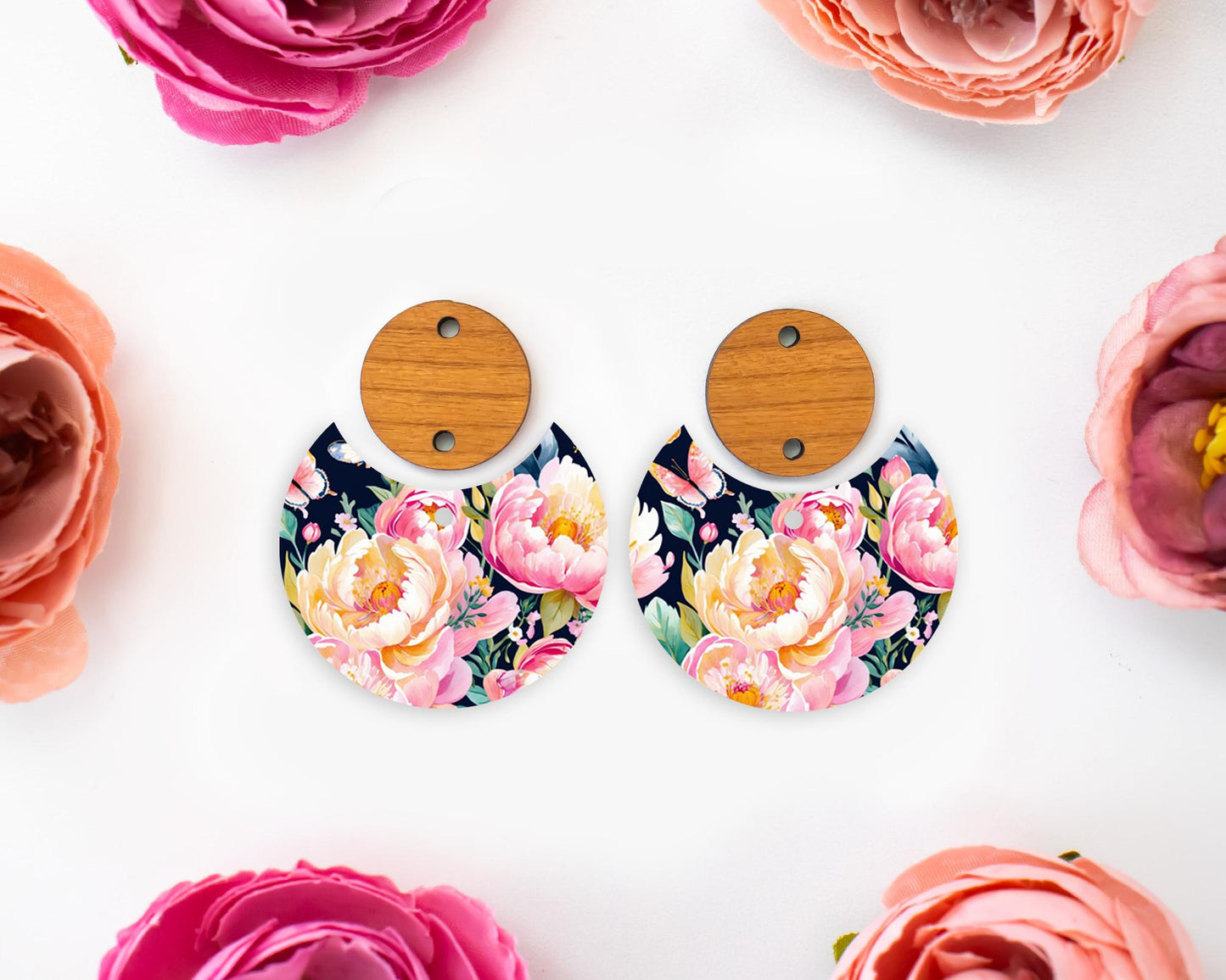 Watercolor Flowers Circle Drop Earrings Blanks