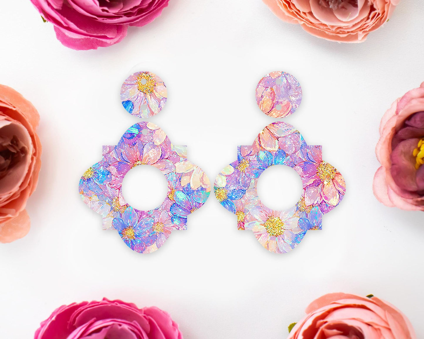 Pastel Flowers Geometric Earrings Blanks