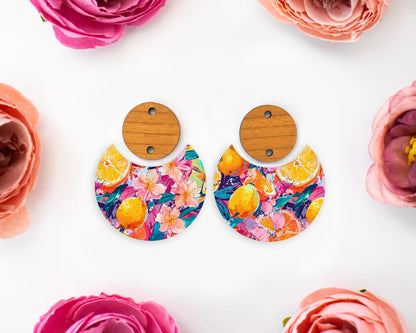 Oranges & Tropical Flowers Circle Drop Earrings Blanks