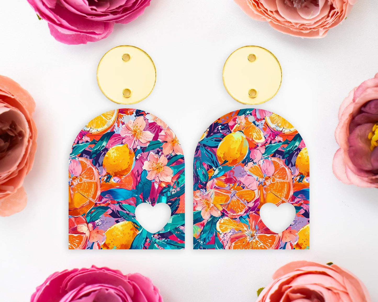 Oranges & Tropical Flowers Heart Arch Earrings Blanks
