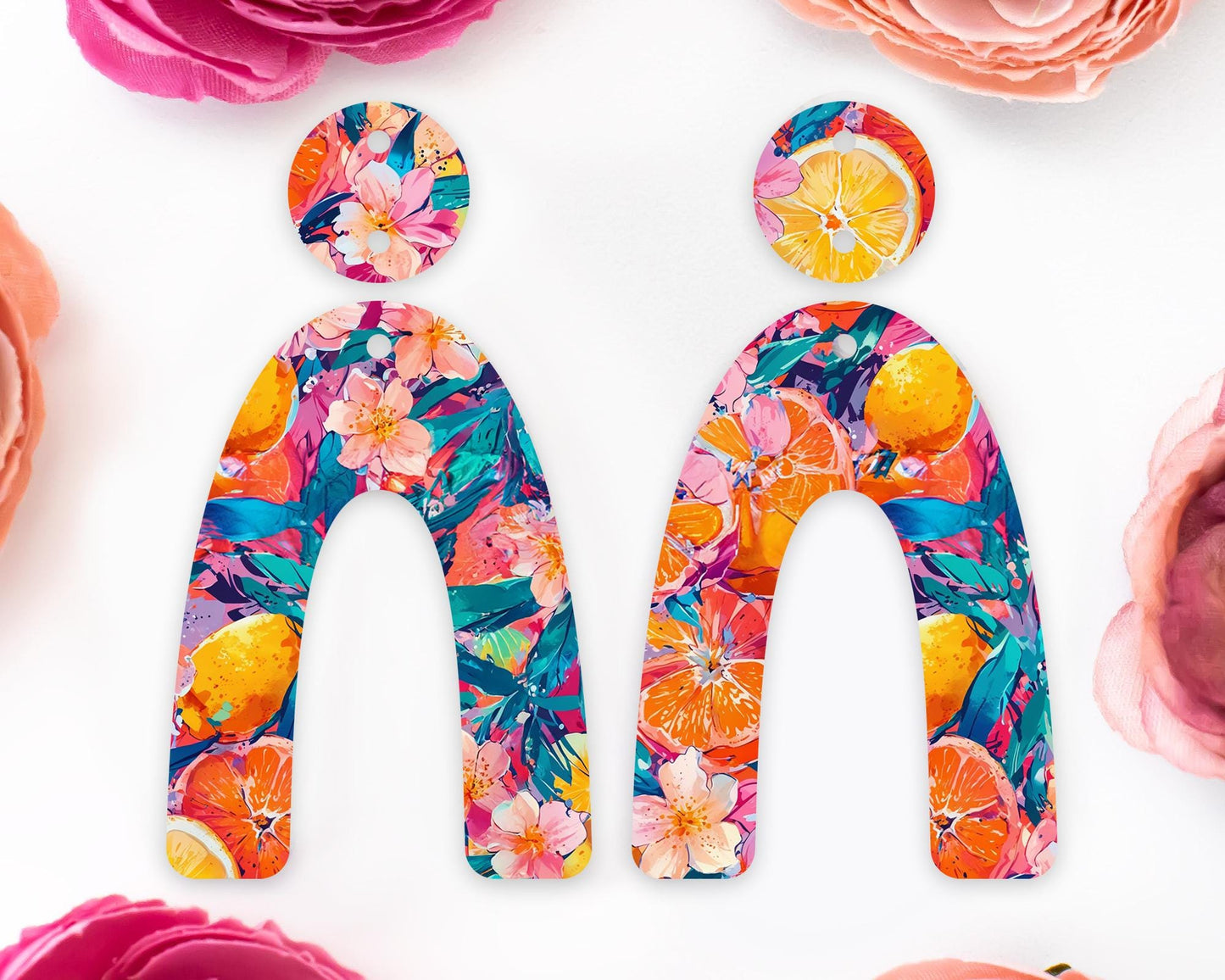 Oranges & Tropical Flowers Arch Earrings Blanks