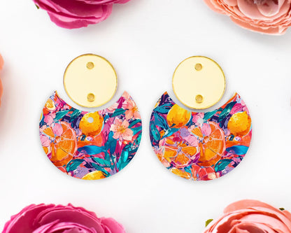 Orange & Tropical Flowers Circle Drop Earrings Blanks