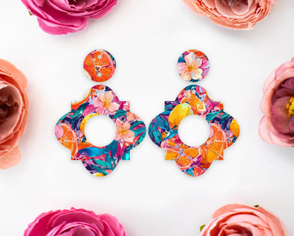 Oranges & Tropical Flowers Geometric Earrings Blanks