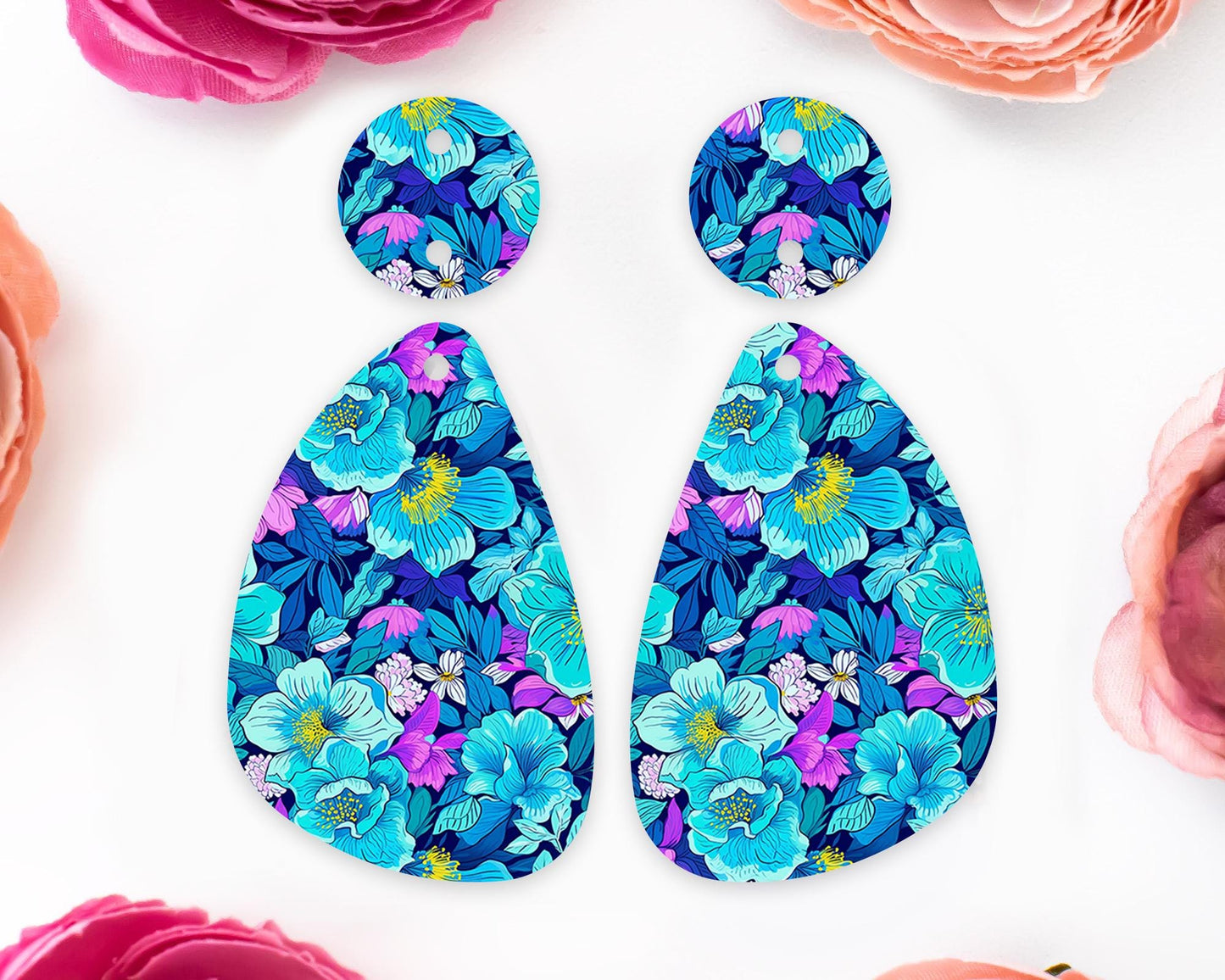 Blue Flowers Teardrop Earrings Blanks
