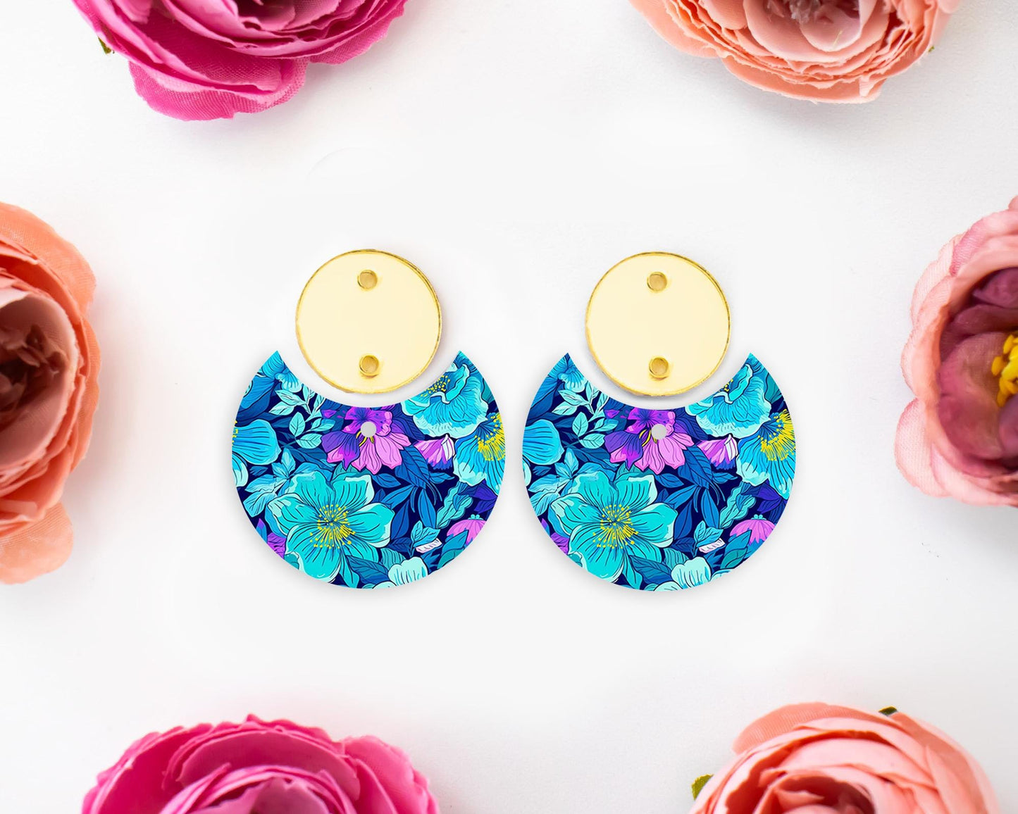 Blue Flowers Circle Drop Earrings Blanks