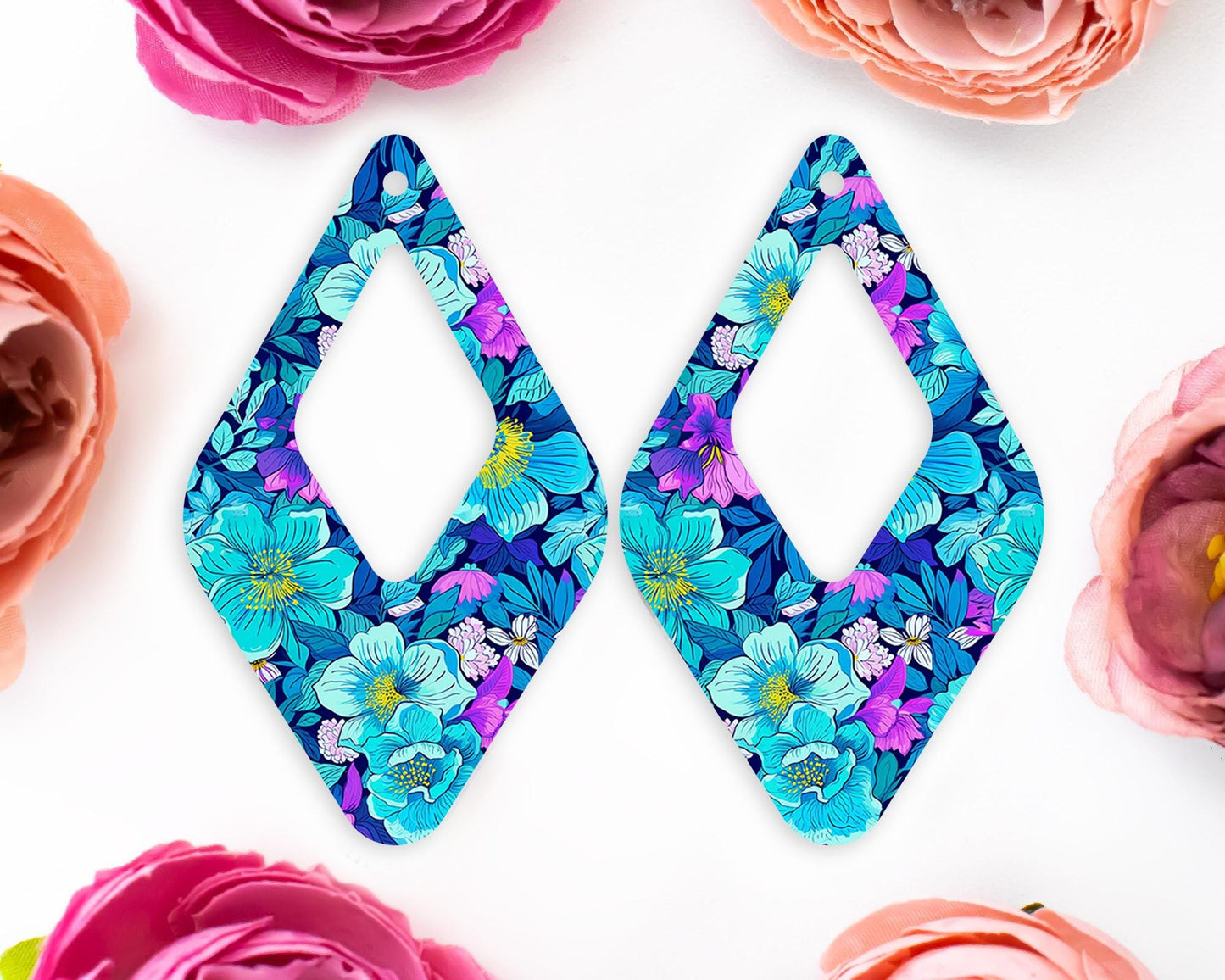 Blue Flowers Teardrop Earrings Blanks