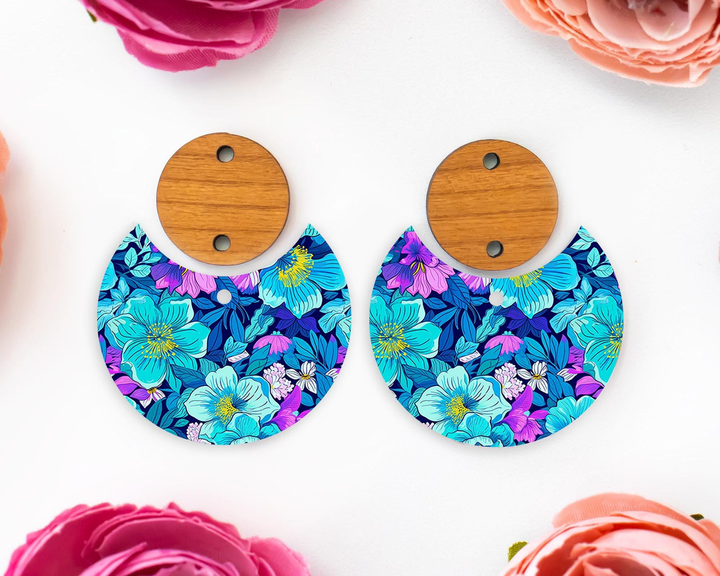 Blue Flowers Circle Drop Earrings Blanks