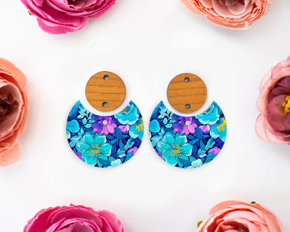 Blue Flowers Circle Drop Earrings Blanks