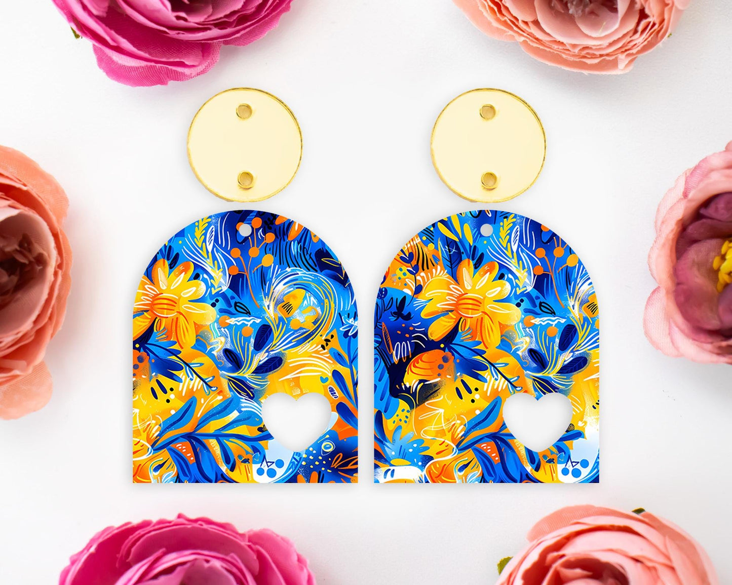 Blue & Orange Flowers Heart Arch Earrings Blanks