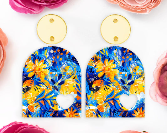 Blue & Orange Flowers Heart Arch Earrings Blanks