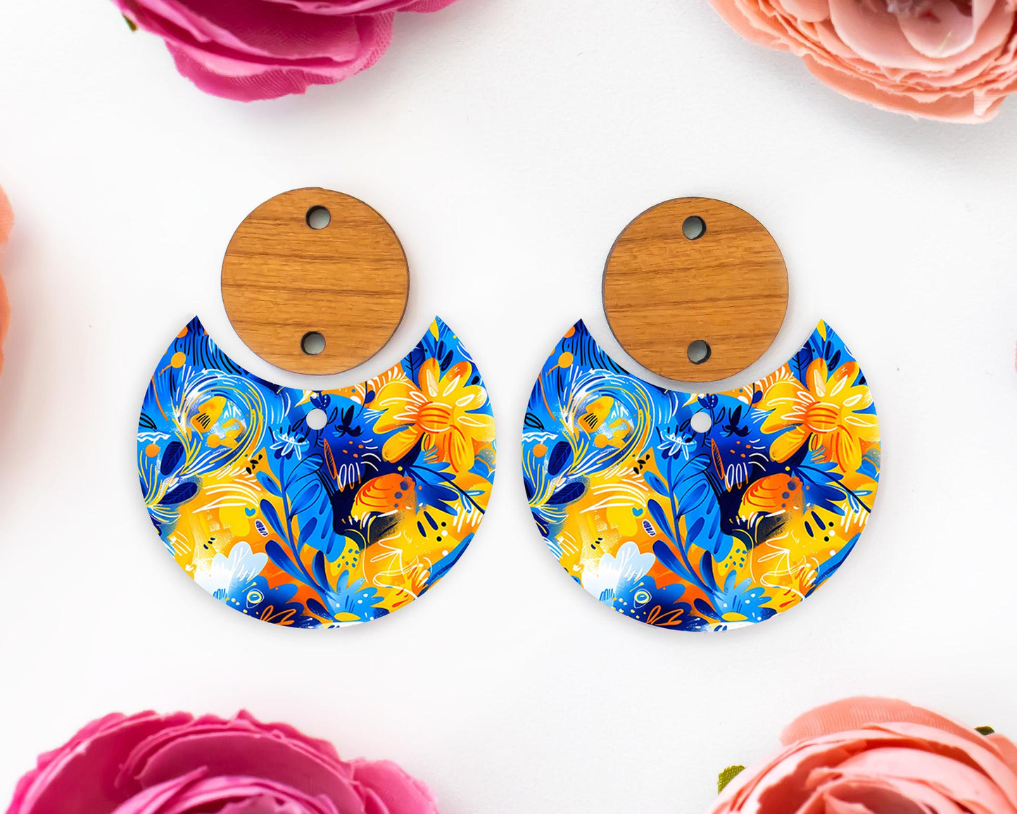 Blue & Orange Flowers Circle Drop Earrings Blanks