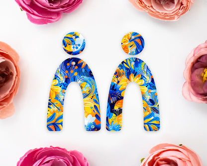 Blue & Orange Flowers Arch Earrings Blanks