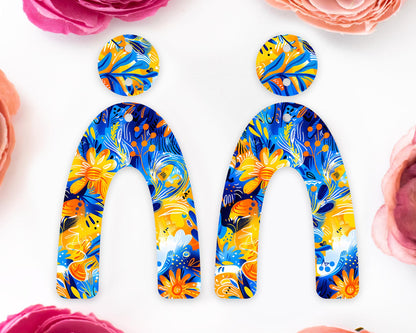 Blue & Orange Flowers Arch Earrings Blanks