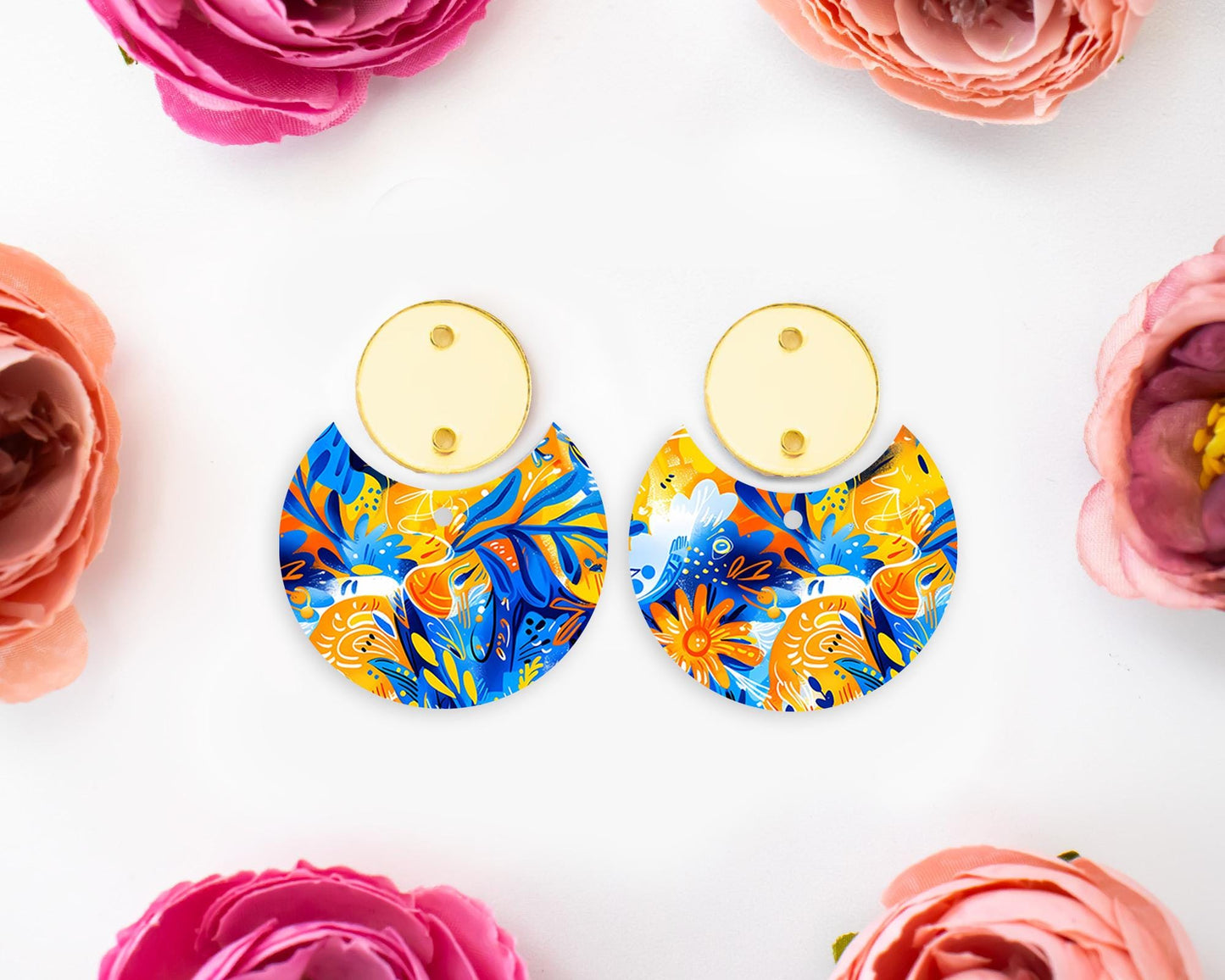 Blue & Orange Flowers Circle Drop Earrings Blanks