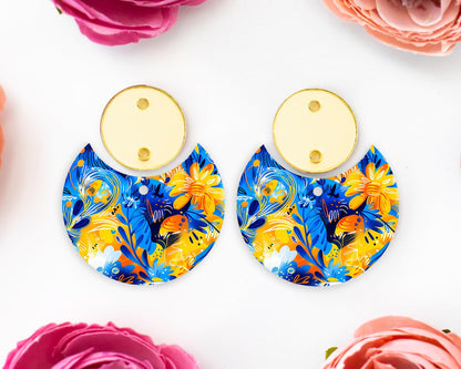 Blue & Orange Flowers Circle Drop Earrings Blanks