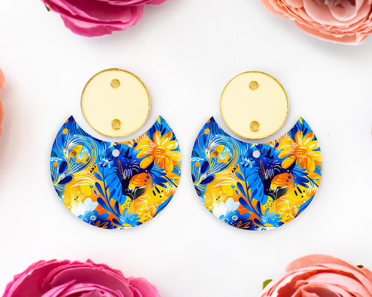 Blue & Orange Flowers Circle Drop Earrings Blanks