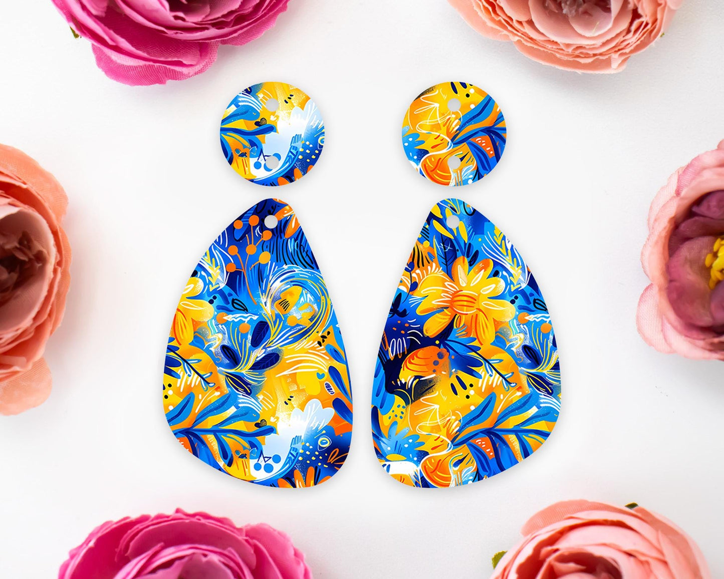 Blue & Orange Flowers Teardrop Earrings Blanks