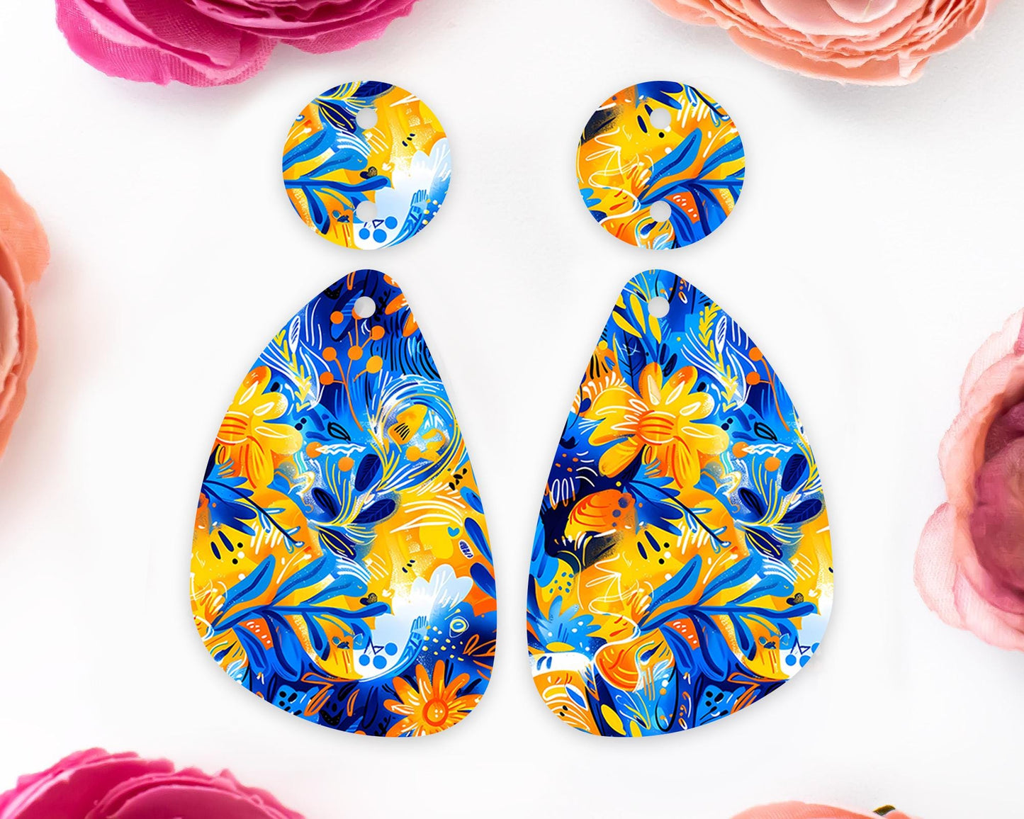 Blue & Orange Flowers Teardrop Earrings Blanks