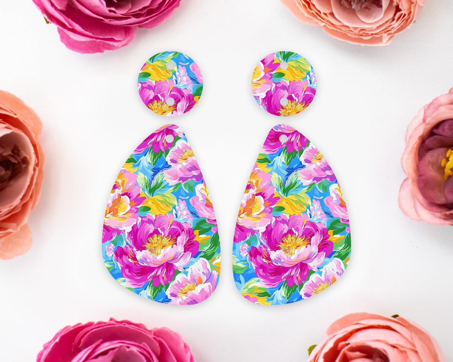 Painted Peony Flowers Teardrop Earrings Blanks