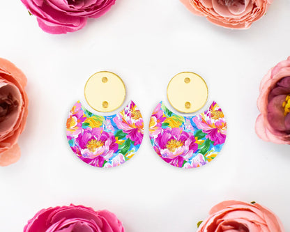 Painted Peony Flowers Circle Drop Earrings Blanks
