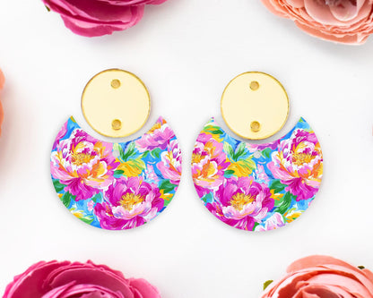 Painted Peony Flowers Circle Drop Earrings Blanks