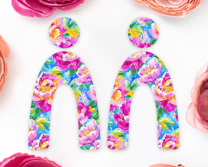 Painted Peony Flowers Arch Earrings Blanks