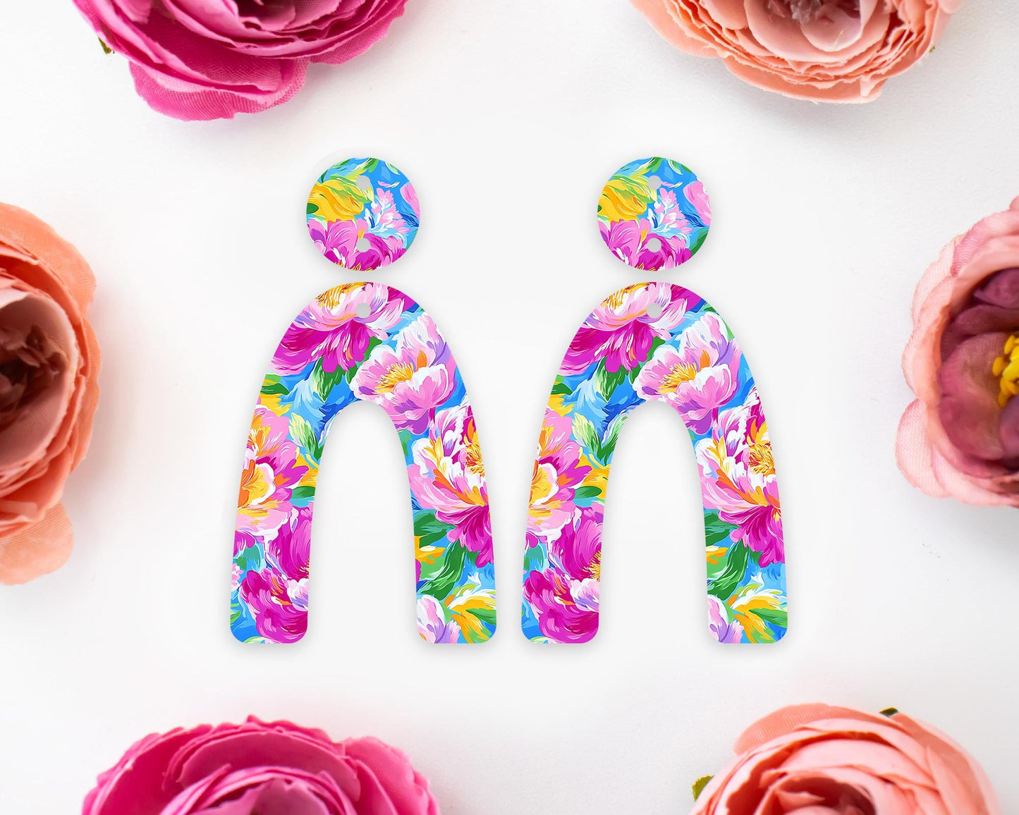 Painted Peony Flowers Arch Earrings Blanks