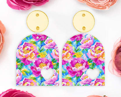 Painted Peony Flowers Heart Arch Earrings Blanks
