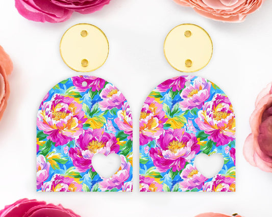 Painted Peony Flowers Heart Arch Earrings Blanks