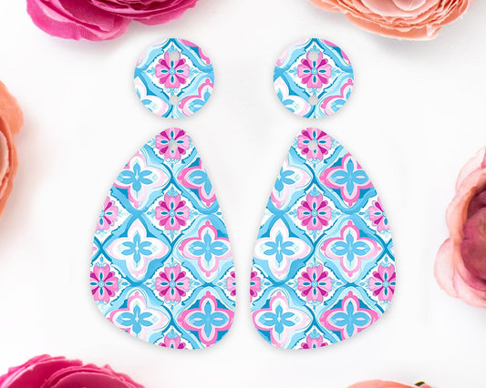 Italian Blue Tile Pattern Teardrop Earrings Blanks