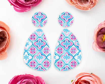 Italian Blue Tile Pattern Teardrop Earrings Blanks