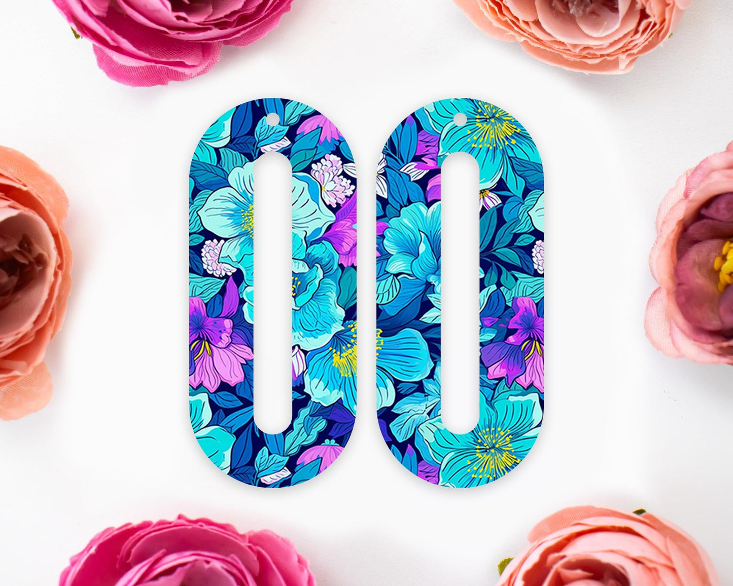 Blue Flowers Elongated Oval Earrings Blanks