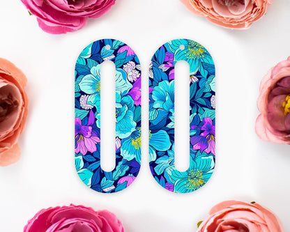 Blue Flowers Elongated Oval Earrings Blanks