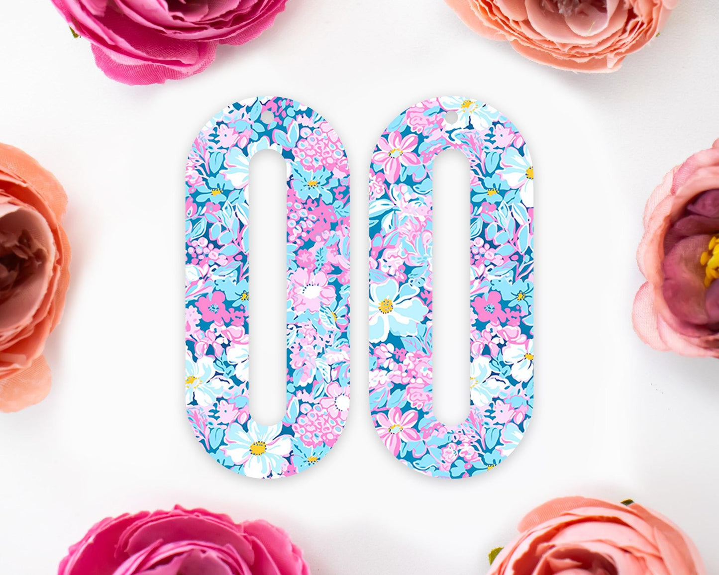 Blue & Pink Flowers Elongated Oval Earrings Blanks