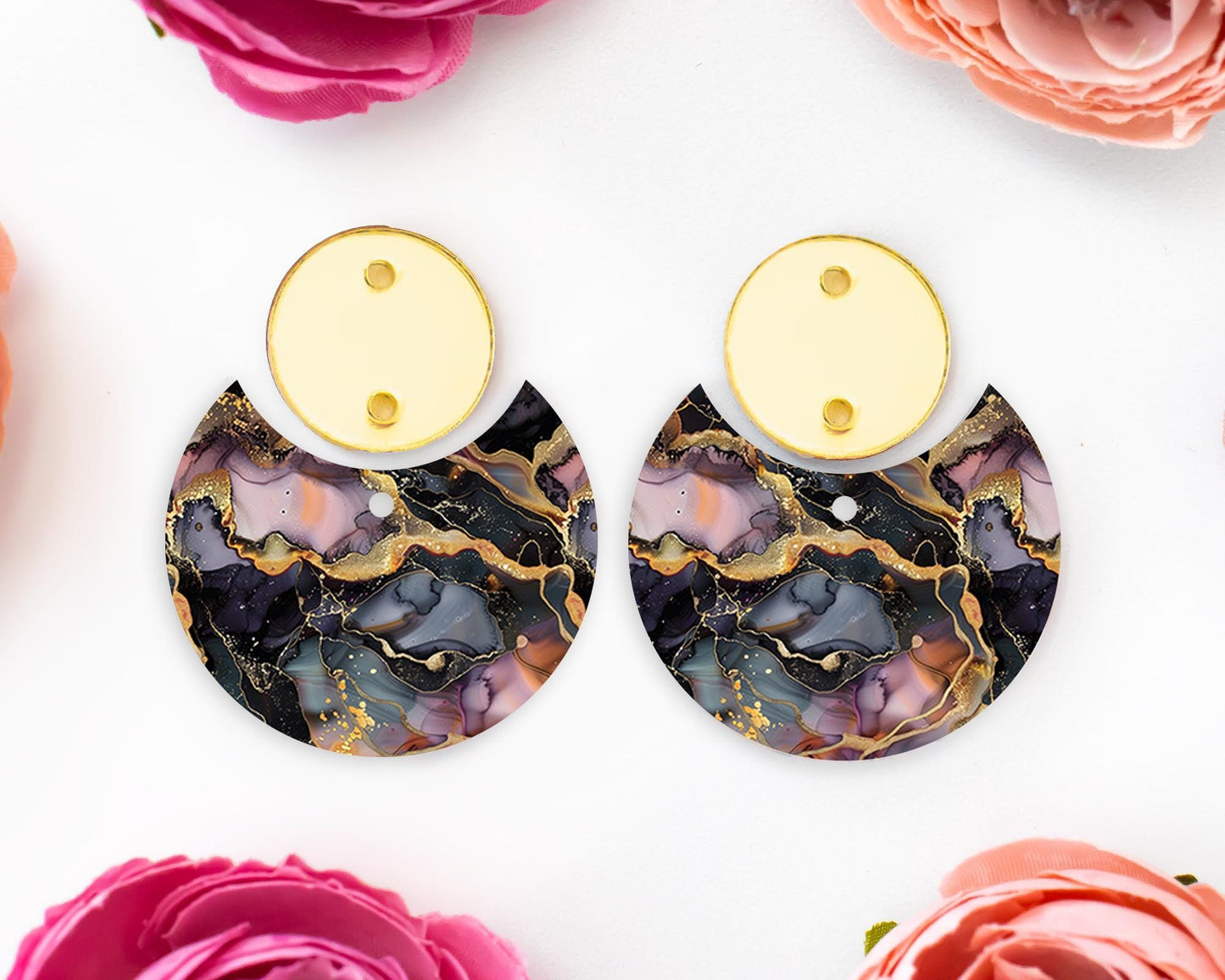 Black and Gold Alcohol Ink Circle Drop Earrings Blanks