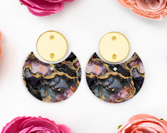 Black and Gold Alcohol Ink Circle Drop Earrings Blanks