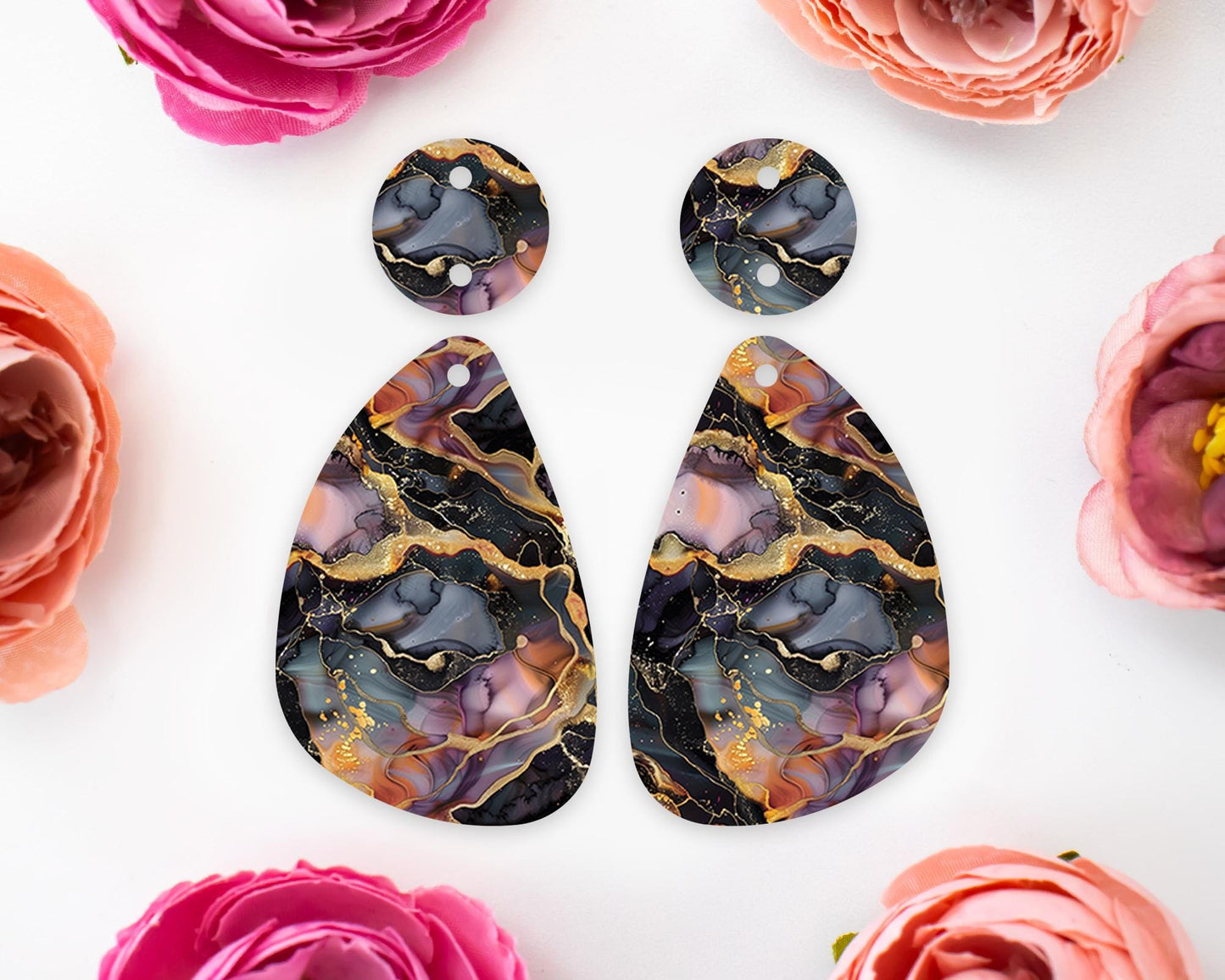 Black and Gold Alcohol Ink Teardrop Earrings Blanks