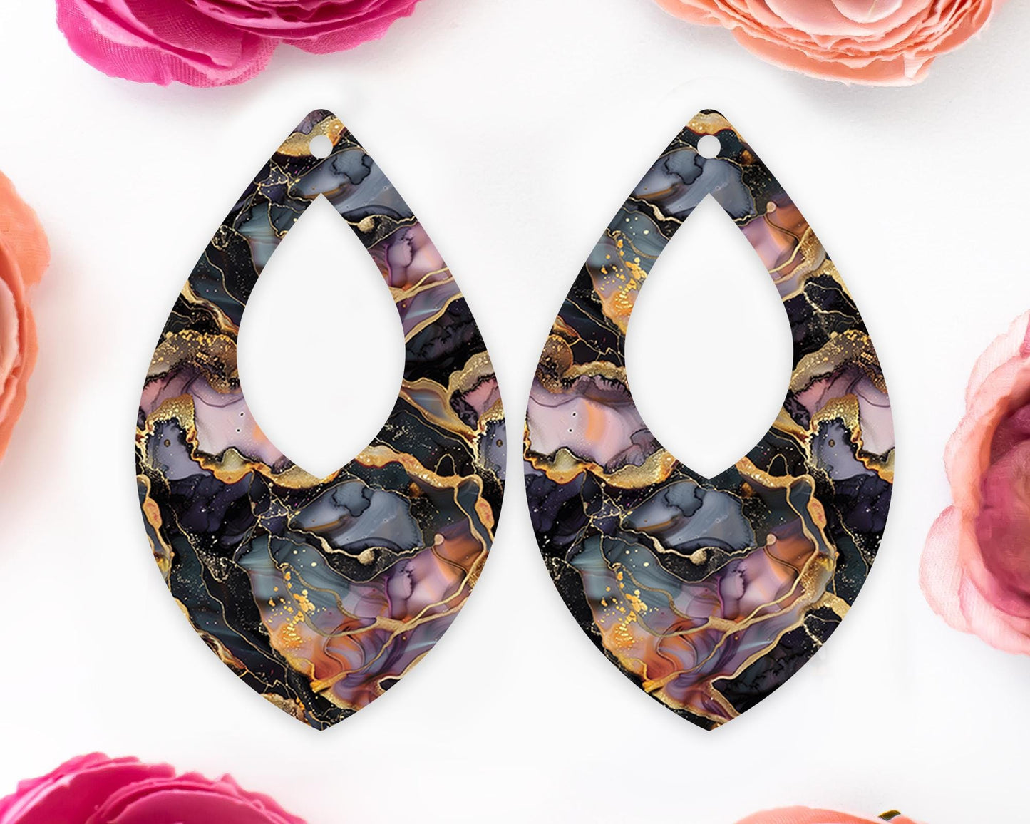 Black and Gold Alcohol Ink Teardrop Earrings Blanks