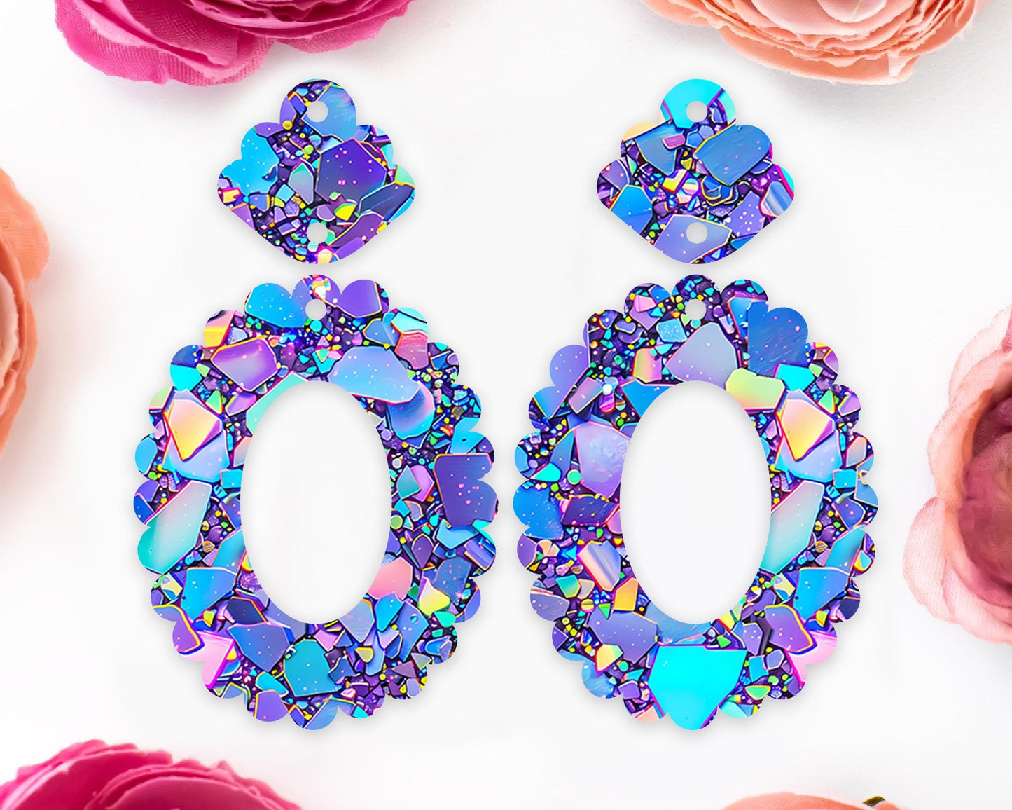 Blue & Purple Confetti Scallop Oval Earrings Blanks