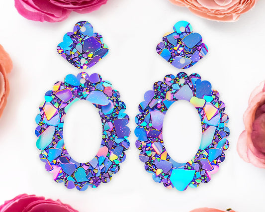 Blue & Purple Confetti Scallop Oval Earrings Blanks