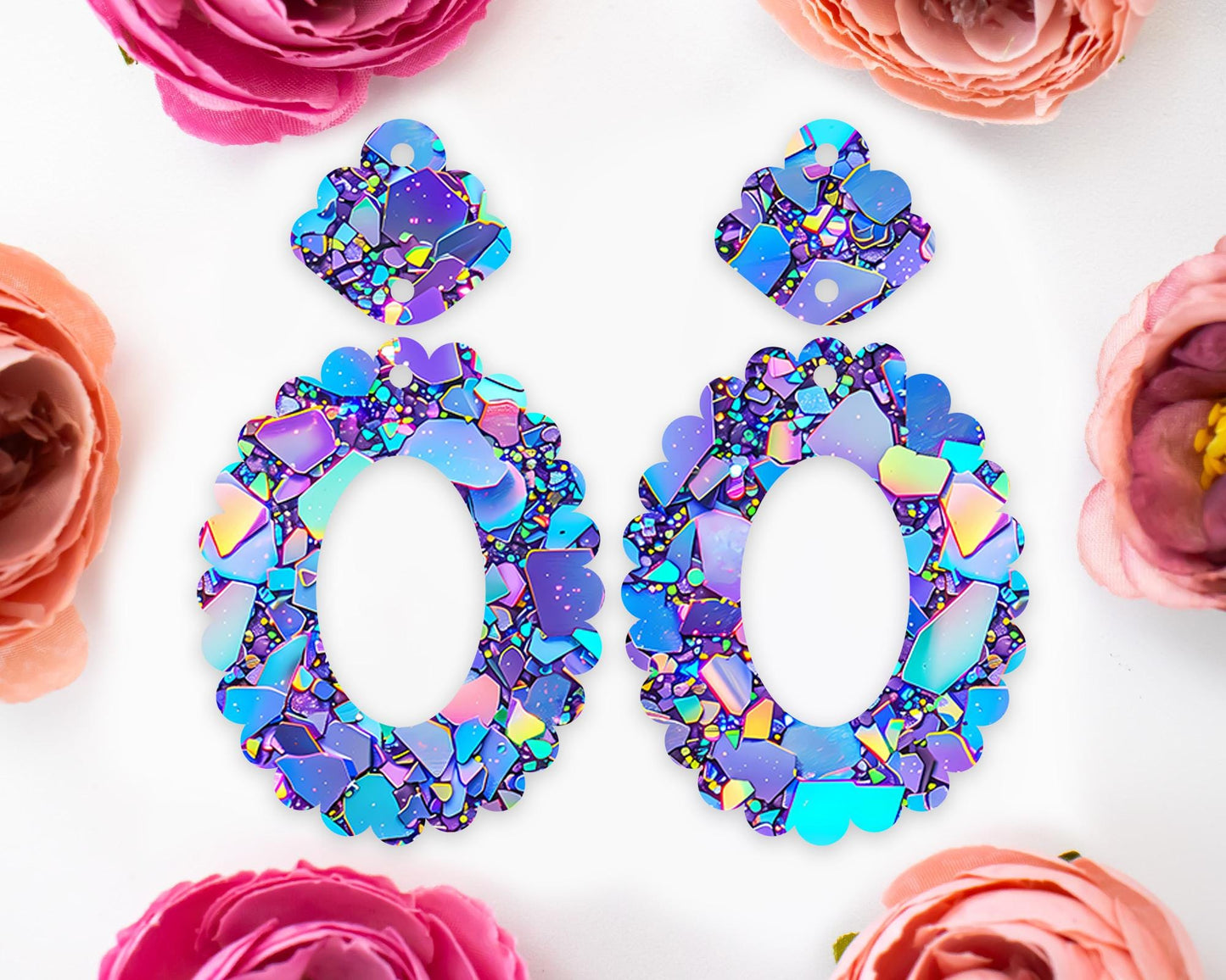 Blue & Purple Confetti Scallop Oval Earrings Blanks