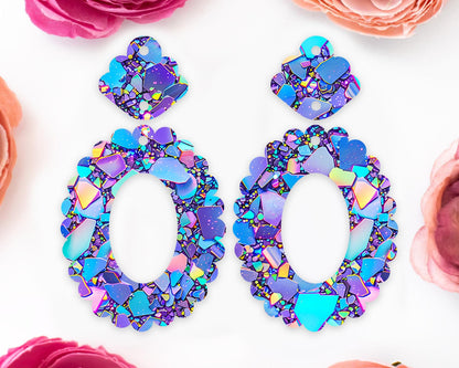 Blue & Purple Confetti Scallop Oval Earrings Blanks